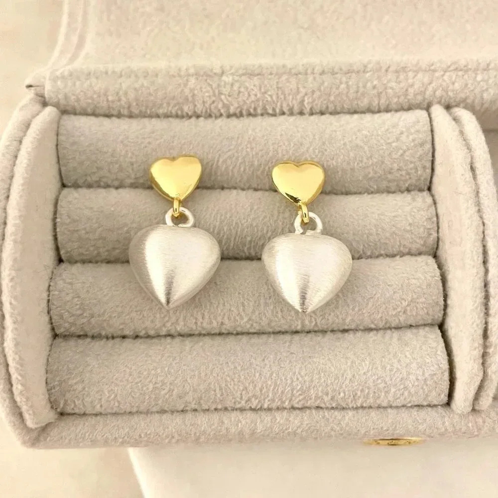 925 Sterling Silver Gold Brushed Silver Heart Dangle Earrings Two Tone Earrings
